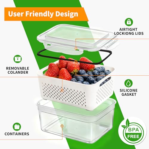 PRAKI 5-Pack Large Fruit Storage Containers for Fridge with Removable Colander, 2 in 1 Produce Storage Containers, BPA-Free Fridge Organizers and Storage Keep Fruits, Vegetables, Berry Fresh Longer - Image 5