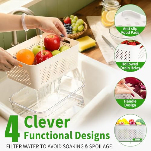 PRAKI 5-Pack Large Fruit Storage Containers for Fridge with Removable Colander, 2 in 1 Produce Storage Containers, BPA-Free Fridge Organizers and Storage Keep Fruits, Vegetables, Berry Fresh Longer - Image 2