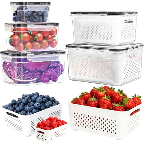 PRAKI 5-Pack Large Fruit Storage Containers for Fridge with Removable Colander, 2 in 1 Produce Storage Containers, BPA-Free Fridge Organizers and Storage Keep Fruits, Vegetables, Berry Fresh Longer - Image 1