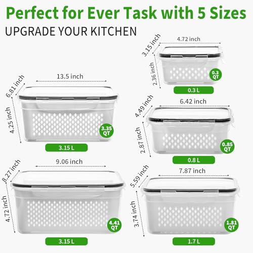 PRAKI 5-Pack Large Fruit Storage Containers for Fridge with Removable Colander, 2 in 1 Produce Storage Containers, BPA-Free Fridge Organizers and Storage Keep Fruits, Vegetables, Berry Fresh Longer - Image 3