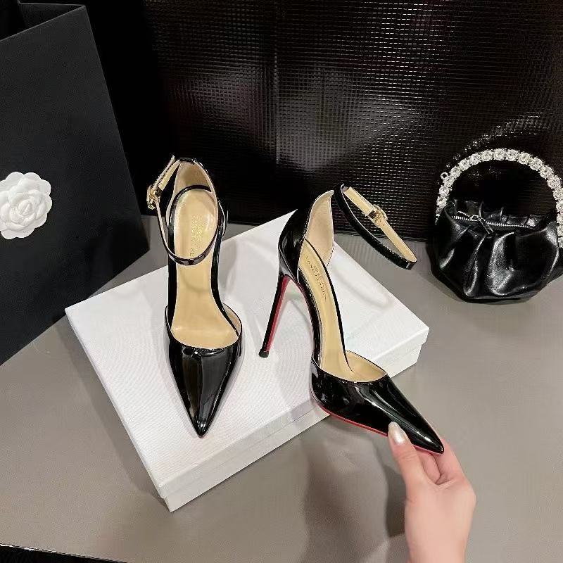 One-Word Buckle High Heels For Women Style Hollow Girl French Sandals Stiletto Bed Flats Pointed Toe - Image 5