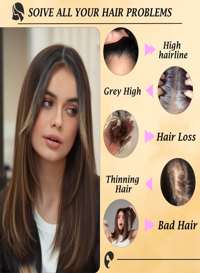 سيفري وصلات شعر سيفري كبيرة الحجم 6 بوصات × 5.5 بوصات للنساء ذوات الشعر الخفيف، وصلة شعر مستقيمة مع غرة، قطعة شعر دانتيل، شعر مستعار صناعي (بالياج بني داكن إلى بني محمر دافئ مع خصلات فاتحة) - Image 4