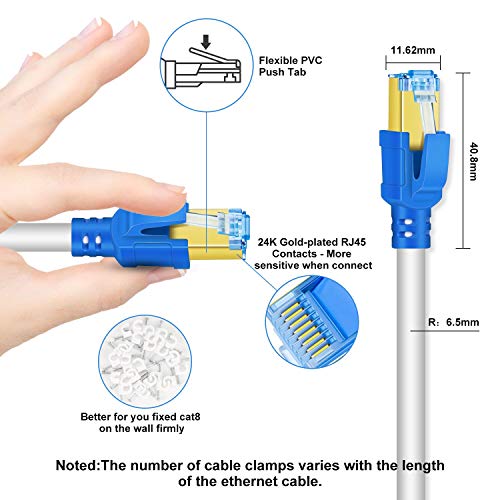 AOPOCKAN TECH Cat8 Ethernet Cable 100ft,Internet Network Long LAN Cable,High Speed Indoor and Outdoor Shielded 100 Feet Patch Cable 2000MHz 40Gbps with Gold Plated RJ45 for Gaming/Xbox/Modem/Router-White - Image 2