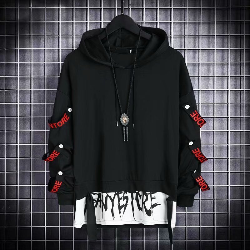 Mens Functional Hoodie Autumn Streetwear Trendy Two-Ring Long-Sleeved Sweat