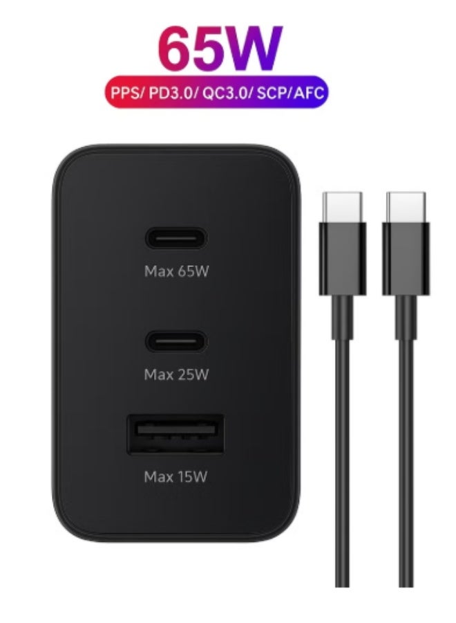 65W Super Fast Charger  3-Port UK Plug Fast Charging Adapter (USB-C PD 65W + 25W & USB-A 15W), Compatible with Samsung Galaxy S/Z Fold/A/M Series, iPhone, Huawei & All Smartphones