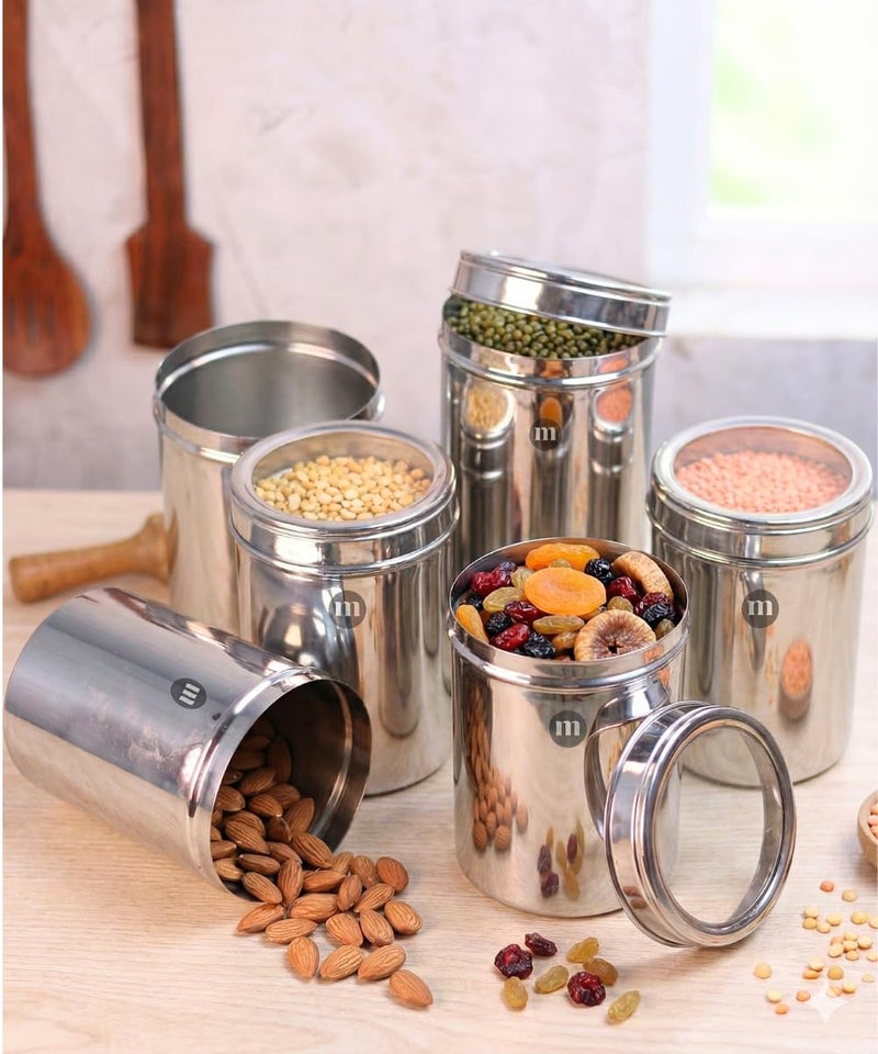 MARU Stainless Steel Airtight Storage Containers Set of 6 pcs 750g (1000ml each) Multi-Purpose Kitchen Organizer for Dal,Pulses,Grains, Snacks & Dry Fruits,Silver - Image 1
