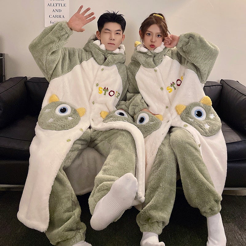 Couple Pajamas Women'S Plush Cute Cartoon Hooded Nightgown Men'S Pajamas Thickened Warm Home Clothes - Image 2