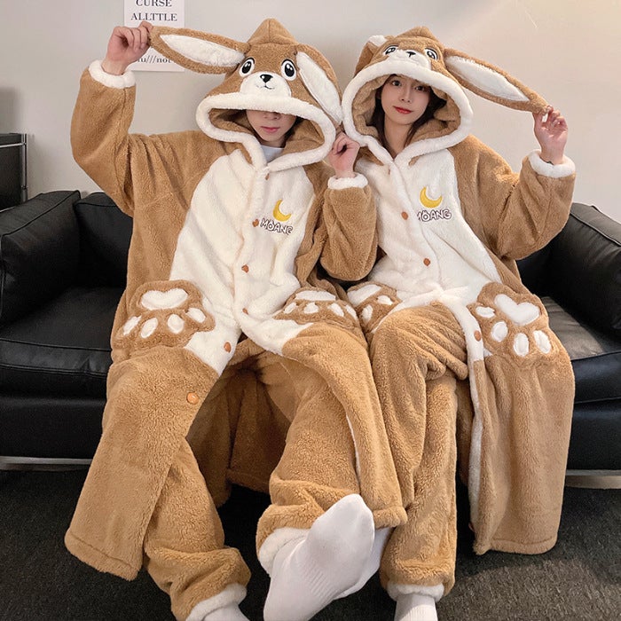 Couple Pajamas Women'S Plush Cute Cartoon Hooded Nightgown Men'S Pajamas Thickened Warm Home Clothes - Image 1