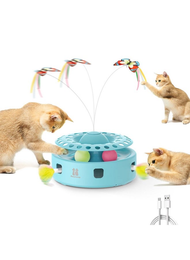 Potaroma Potaroma Cat Toys 3-in-1 Automatic Interactive Kitten Toy, Fluttering Butterfly, Random Moving Ambush Feather, Track Balls, Dual Power Supplies, USB Powered, Indoor Exercise Cat Kicker (Blue)  - Image 1