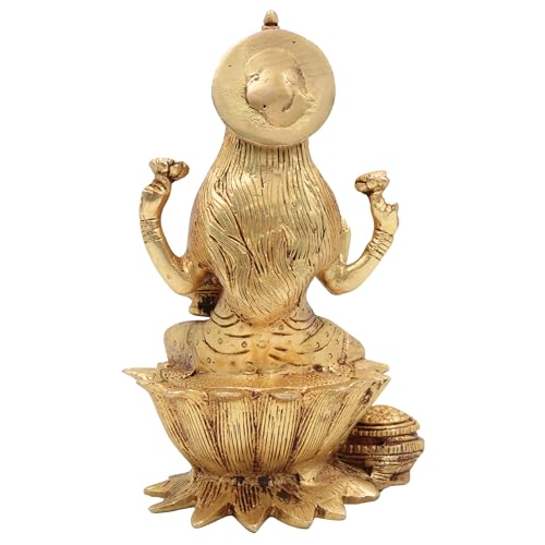Bhunes Brass Goddess Laxmi Idol, Lakshmi Statue Sitting On Lotus, Maha Laxmi Ji Ki Murti for Home Puja Decor Silai,Gold, 6 Inch, 1 Piece - Image 5