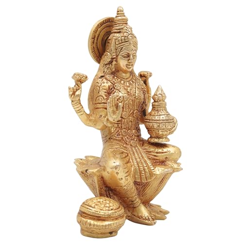 Bhunes Brass Goddess Laxmi Idol, Lakshmi Statue Sitting On Lotus, Maha Laxmi Ji Ki Murti for Home Puja Decor Silai,Gold, 6 Inch, 1 Piece - Image 3