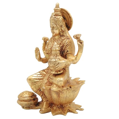 Bhunes Brass Goddess Laxmi Idol, Lakshmi Statue Sitting On Lotus, Maha Laxmi Ji Ki Murti for Home Puja Decor Silai,Gold, 6 Inch, 1 Piece - Image 4