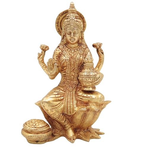 Bhunes Brass Goddess Laxmi Idol, Lakshmi Statue Sitting On Lotus, Maha Laxmi Ji Ki Murti for Home Puja Decor Silai,Gold, 6 Inch, 1 Piece - Image 2