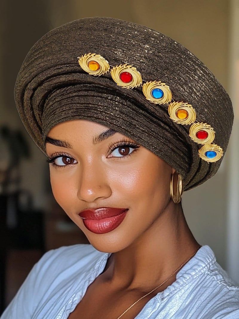 Excefore Daily wear upgraded resistant material African Headwrap for Black Women, African Hats Gold Gele african Head Wrap Crystal Pre-Tied, Women Rhinestone Adjustable Wraps for Daily Use Travel, Beach Popular trusted craftsmanship - Image 5