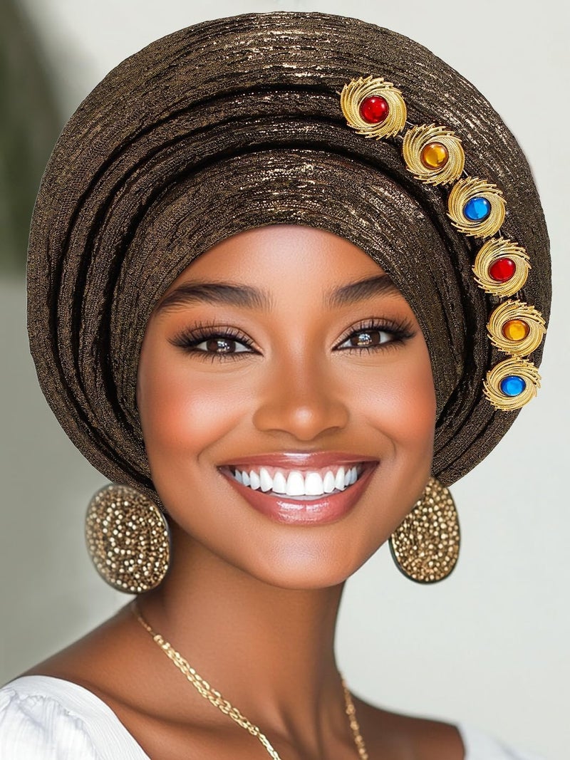 Excefore Daily wear upgraded resistant material African Headwrap for Black Women, African Hats Gold Gele african Head Wrap Crystal Pre-Tied, Women Rhinestone Adjustable Wraps for Daily Use Travel, Beach Popular trusted craftsmanship - Image 2