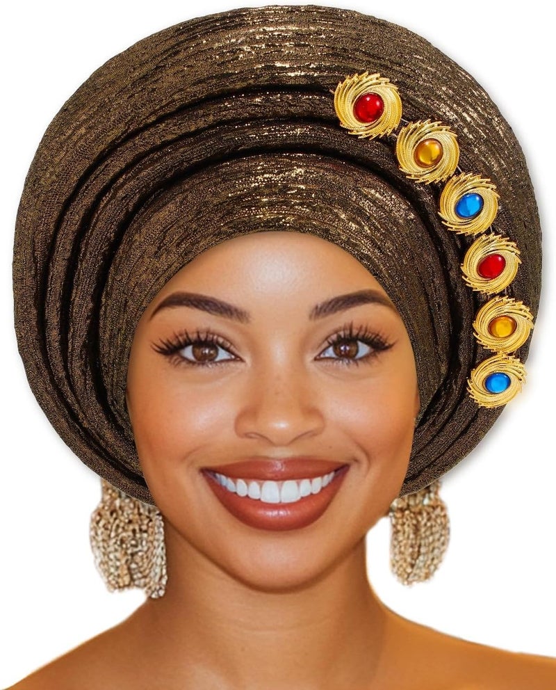 Excefore Daily wear upgraded resistant material African Headwrap for Black Women, African Hats Gold Gele african Head Wrap Crystal Pre-Tied, Women Rhinestone Adjustable Wraps for Daily Use Travel, Beach Popular trusted craftsmanship - Image 1