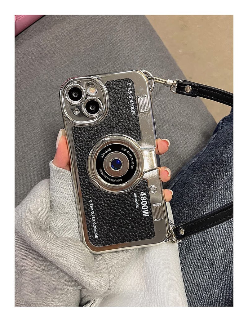 QoKcoahn 3D Vintage Camera Phone Case with Hand Strap - Unique Cool Silicone PC Shockproof Crossbody Protective Case for iPhone 14-Black - Image 5