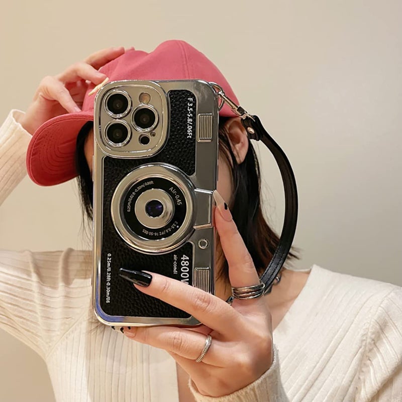 QoKcoahn 3D Vintage Camera Phone Case with Hand Strap - Unique Cool Silicone PC Shockproof Crossbody Protective Case for iPhone 14-Black - Image 3