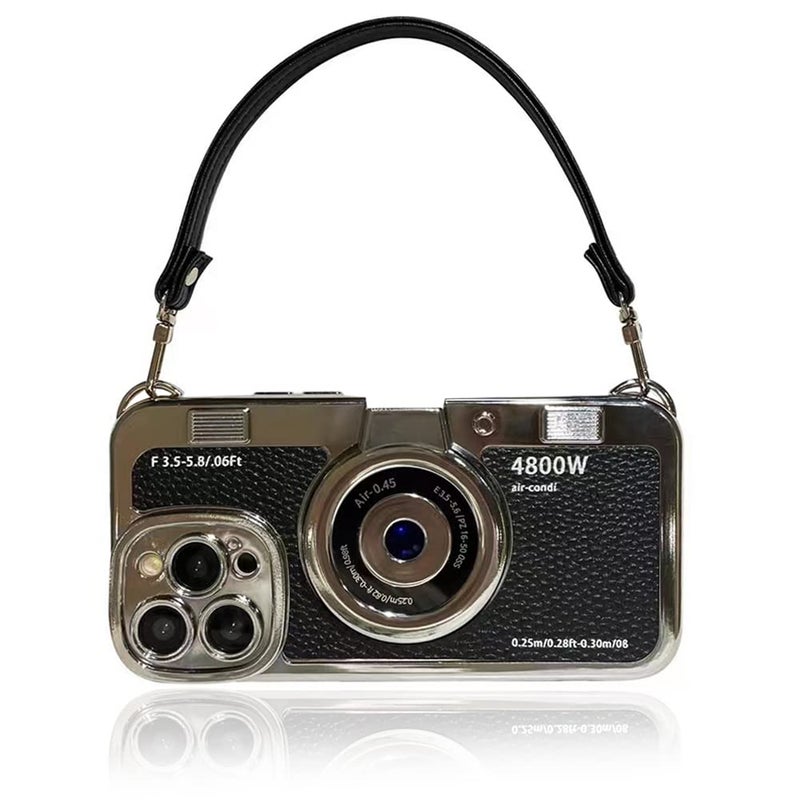 QoKcoahn 3D Vintage Camera Phone Case with Hand Strap - Unique Cool Silicone PC Shockproof Crossbody Protective Case for iPhone 14-Black - Image 1