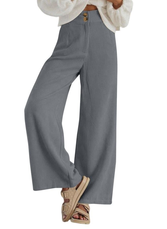 Sidefeel Corduroy Pants for Women 2024 Casual High Waisted Double Buttoned Stretchy Loose Fit Wide Leg Pants with Pockets, Grey, M - Image 1