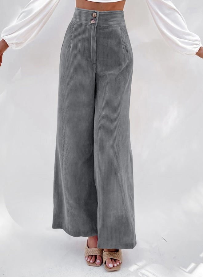 Sidefeel Corduroy Pants for Women 2024 Casual High Waisted Double Buttoned Stretchy Loose Fit Wide Leg Pants with Pockets, Grey, M - Image 2