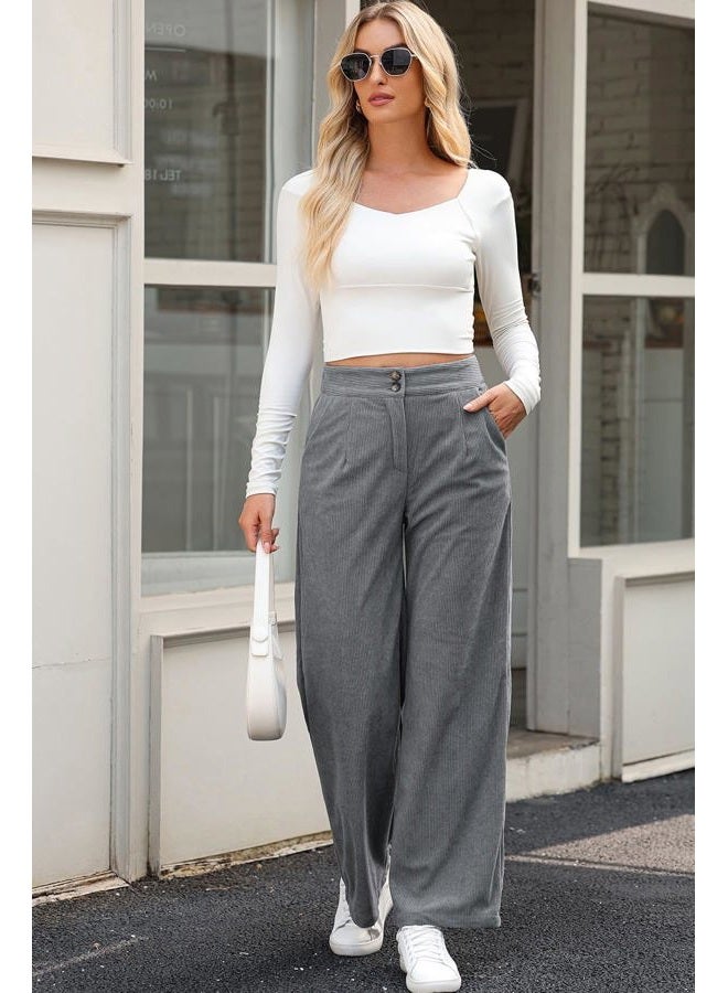 Sidefeel Corduroy Pants for Women 2024 Casual High Waisted Double Buttoned Stretchy Loose Fit Wide Leg Pants with Pockets, Grey, M - Image 3