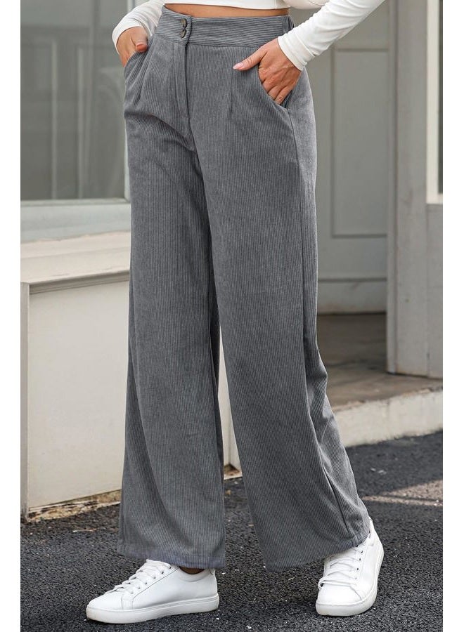 Sidefeel Corduroy Pants for Women 2024 Casual High Waisted Double Buttoned Stretchy Loose Fit Wide Leg Pants with Pockets, Grey, M - Image 4