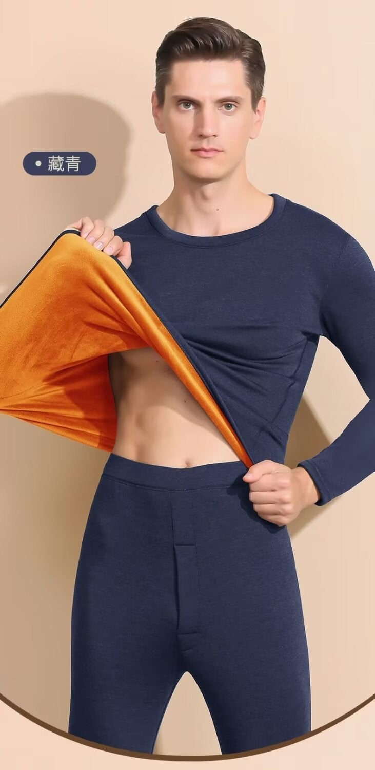 2024 winter mens thermal underwear suit double-sided velvet self-heating young and middle-aged autumn clothes pants wear inside Navy blue - Image 1