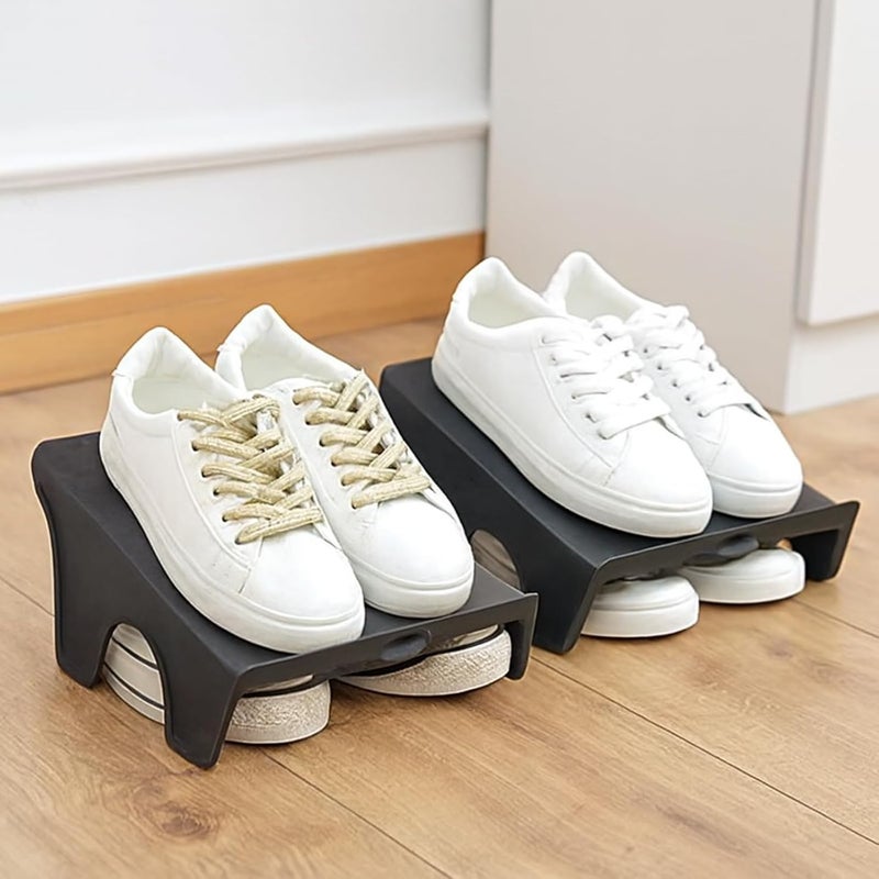 NYALKARAN Plastic Shoe Organizer Stand Space Saver Shoe Storage Rack Double Layer Free Standing Shoe Slipper Stacker (Black, Set of 4) - Image 2