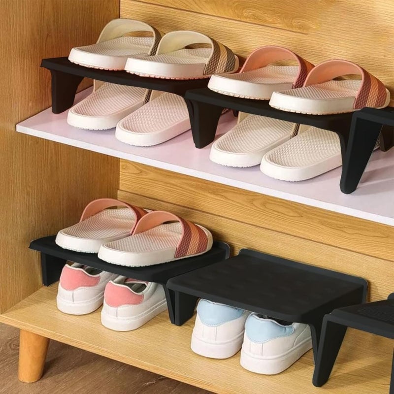 NYALKARAN Plastic Shoe Organizer Stand Space Saver Shoe Storage Rack Double Layer Free Standing Shoe Slipper Stacker (Black, Set of 4) - Image 1