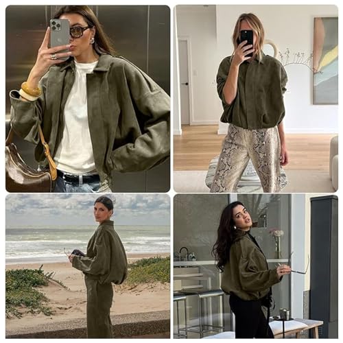 Xunger Women's Faux Suede Bomber Jacket Spring Lapel Pilot Coat Casual Oversized Long Sleeves Trendy Streetwear Outerwear(1026-01GreenPocket-M-RD) - Image 3