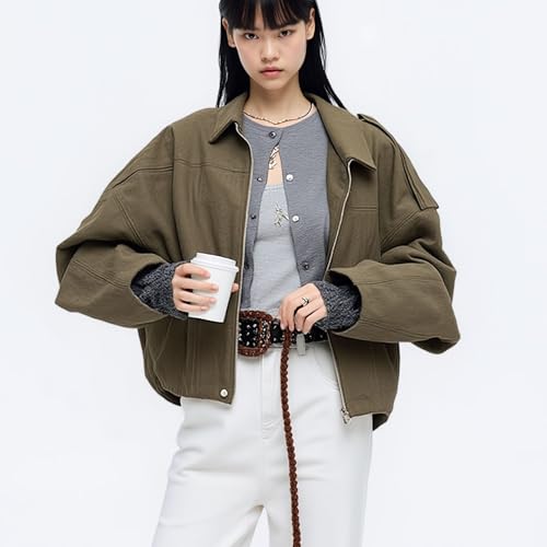 Xunger Women's Faux Suede Bomber Jacket Spring Lapel Pilot Coat Casual Oversized Long Sleeves Trendy Streetwear Outerwear(1026-01GreenPocket-M-RD) - Image 2