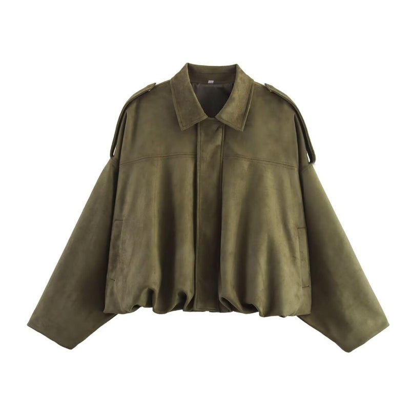 Xunger Women's Faux Suede Bomber Jacket Spring Lapel Pilot Coat Casual Oversized Long Sleeves Trendy Streetwear Outerwear(1026-01GreenPocket-M-RD) - Image 5