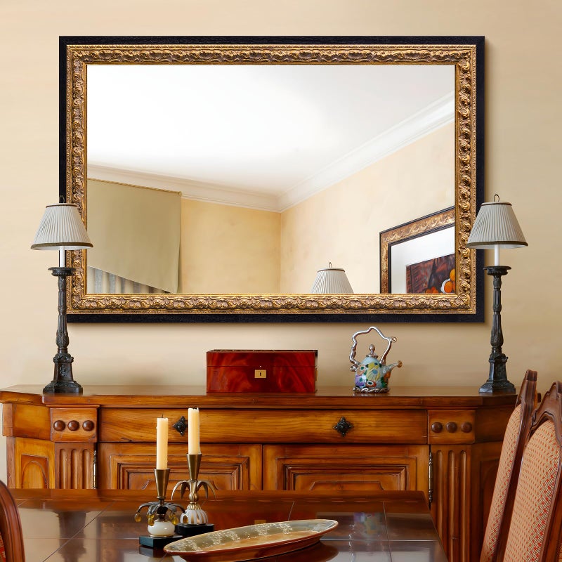Autdot Gold Vintage Mirror 40â€x28â€, Black Gold Decorative Mirror with Gold Foil Flower Petal Carvings Wooden Frame for Luxe Living Room, Entryway, Bathroom and Bedroom - Image 1