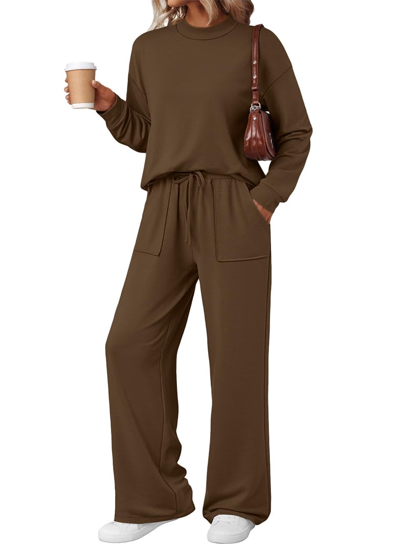 LILLUSORY Womens Lounge Two 2 Piece Sets Early Fall 2025 Fashion Outfits Clothes Clothing Matching Sweatsuit Sweat Suit Trendy Airport Travel Winter Loungewear Pajamas Cruise Chocolate Brown S - Image 1