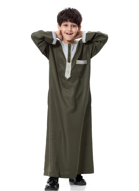 Boy's Muslim Arab Round Neck Long Sleeve Kaftan Middle Eastern Kandora Thobe Thawb Army Green