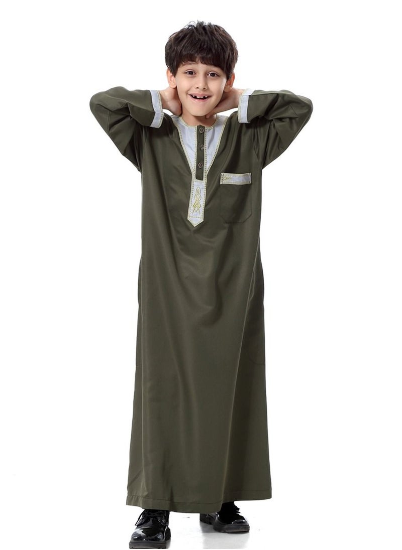 Loquat - Boy's Muslim Arab Round Neck Long Sleeve Kaftan Middle Eastern Kandora Thobe Thawb Army Green - Image 1