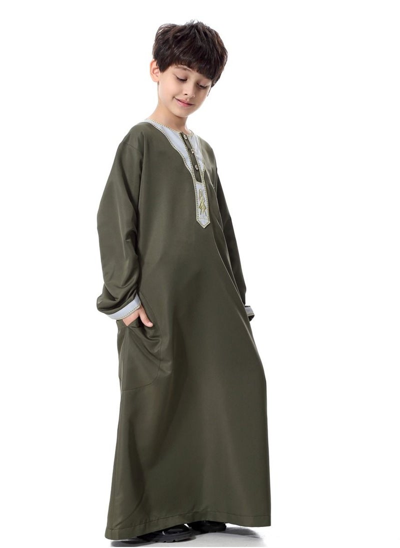 Loquat - Boy's Muslim Arab Round Neck Long Sleeve Kaftan Middle Eastern Kandora Thobe Thawb Army Green - Image 1