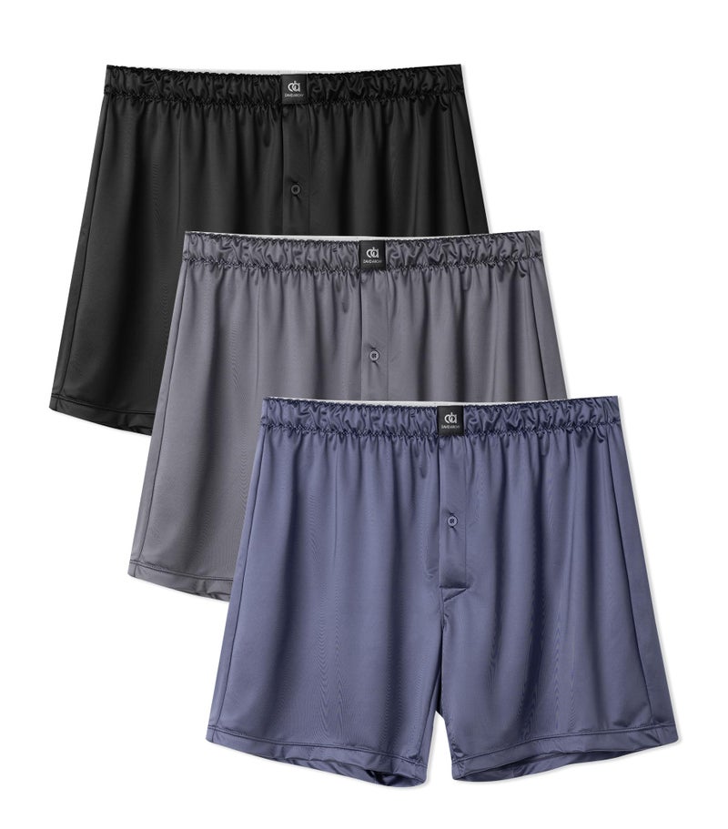 DAVID ARCHY Stretch Satin Boxers for Men, Silk Feeling Boxer Shorts, Breathable Loose Men's Underwear for Sleep 3 Pack(L, Dark Blue/Black/Dark Gray) - Image 1
