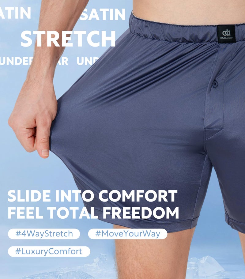 DAVID ARCHY Stretch Satin Boxers for Men, Silk Feeling Boxer Shorts, Breathable Loose Men's Underwear for Sleep 3 Pack(L, Dark Blue/Black/Dark Gray) - Image 3