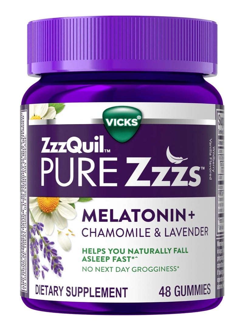 Vicks ZzzQuil PURE Zzzs Melatonin Sleep Aid Gummies with Lavender and Chamomile, 48 Gummies Vanilla Flavor