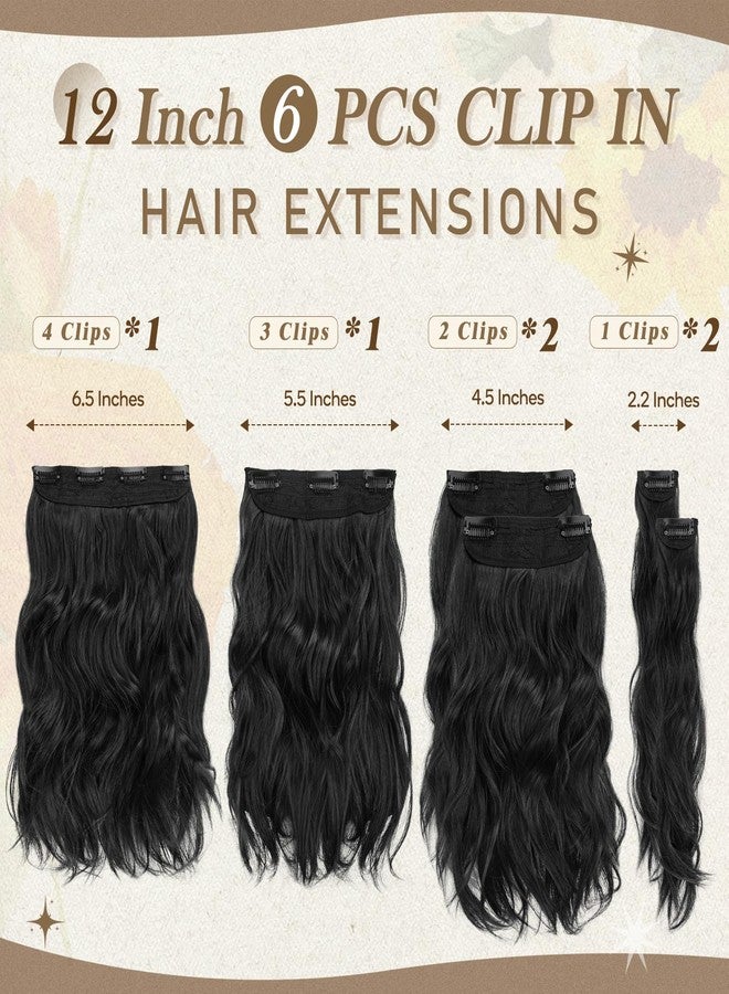 بارسدار - وصلات شعر سوداء مموجة بطول 12 بوصة - 6 قطع - وصلات شعر قصيرة مموجة طبيعية سوداء للنساء - شعر صناعي كثيف وناعم يغطي الرأس بالكامل - مناسب للاستخدام اليومي والحفلات والهالوين - Image 2