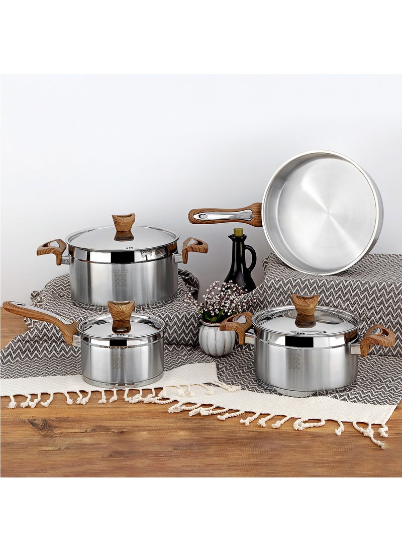 Serenk 7 Pieces Stainless Steel Cookware Set, Stockpots Sauce Pan Frying Pans Glass Lids, Wooden Finish Bakelite Handles, Mirror Polished Finish, Dishwasher Safe, Compatible with Induction Cooktops, Serenk Definition Series  - Image 1