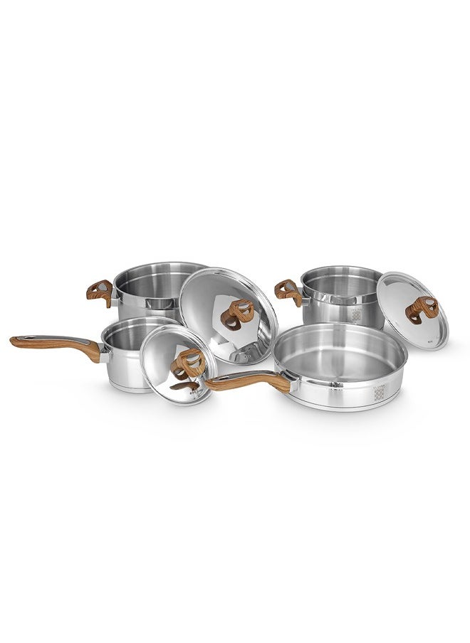 Serenk 7 Pieces Stainless Steel Cookware Set, Stockpots Sauce Pan Frying Pans Glass Lids, Wooden Finish Bakelite Handles, Mirror Polished Finish, Dishwasher Safe, Compatible with Induction Cooktops, Serenk Definition Series  - Image 2