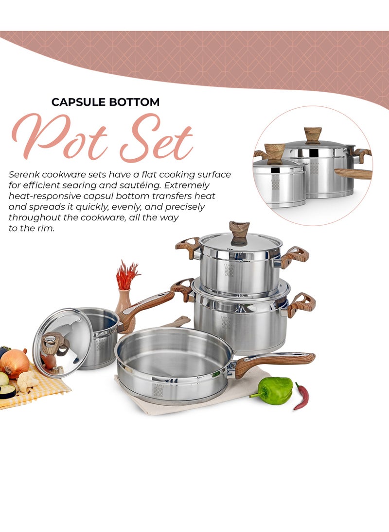 Serenk 7 Pieces Stainless Steel Cookware Set, Stockpots Sauce Pan Frying Pans Glass Lids, Wooden Finish Bakelite Handles, Mirror Polished Finish, Dishwasher Safe, Compatible with Induction Cooktops, Serenk Definition Series  - Image 4
