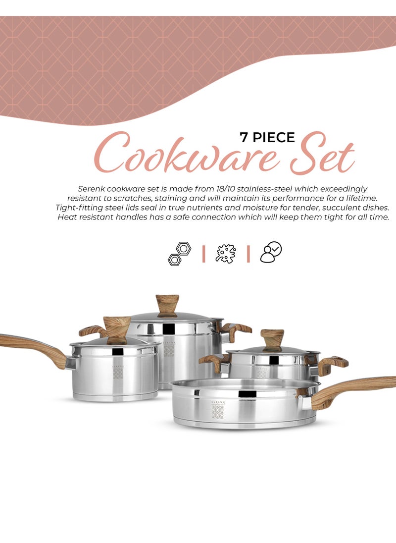 Serenk 7 Pieces Stainless Steel Cookware Set, Stockpots Sauce Pan Frying Pans Glass Lids, Wooden Finish Bakelite Handles, Mirror Polished Finish, Dishwasher Safe, Compatible with Induction Cooktops, Serenk Definition Series  - Image 3