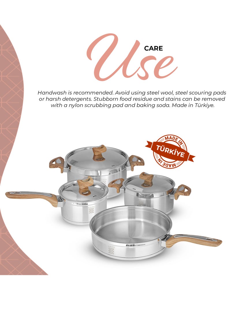Serenk 7 Pieces Stainless Steel Cookware Set, Stockpots Sauce Pan Frying Pans Glass Lids, Wooden Finish Bakelite Handles, Mirror Polished Finish, Dishwasher Safe, Compatible with Induction Cooktops, Serenk Definition Series  - Image 5