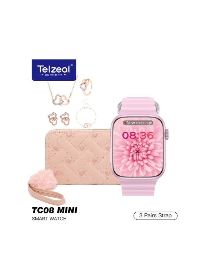 Telzeal TC 08 Mini Smart Watch for Women in Pink – Fashion Gift Set with 3 Interchangeable Watch Straps, Elegant Matching Handbag, Stylish Earrings, Ring & Necklace Chain – Trendy Digital Watch Combo for Ladies – Perfect for Gifting on Eid, Birthdays & More  - Image 3