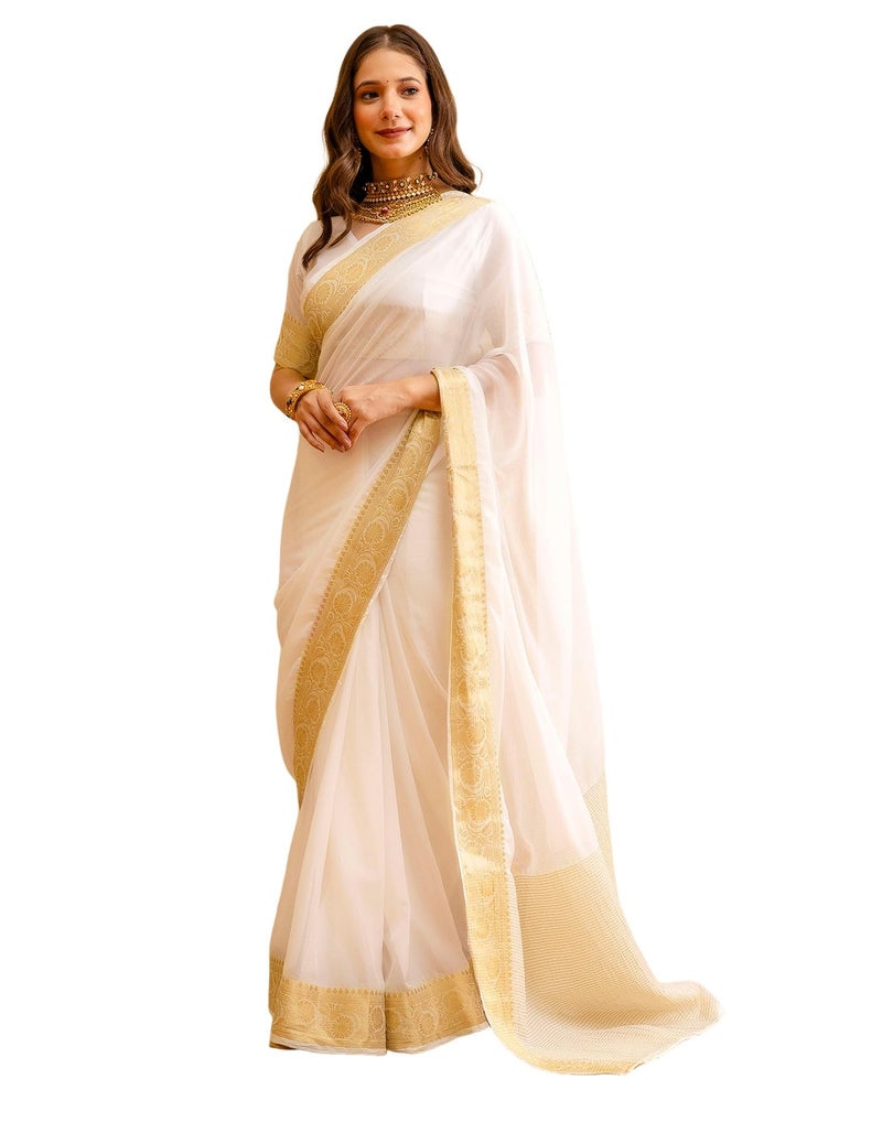 SIRIL Women's Pongal Special Weaving Onam Saree with Unstitched blouse Piece(4668S821_off-White) - Image 1