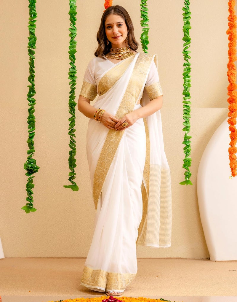 SIRIL Women's Pongal Special Weaving Onam Saree with Unstitched blouse Piece(4668S821_off-White) - Image 5